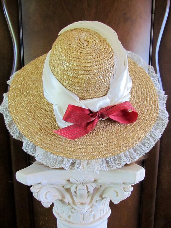 VICTORIAN COSTUME HAT, S, LAVISH w FLOWER, LACE, & SATIN TRIMMINGS, WIDE BRIM main image 5